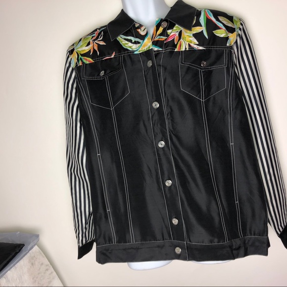 KOOS QVC Black & White Silk Floral Striped Blouse 1X NWT - Picture 1 of 15